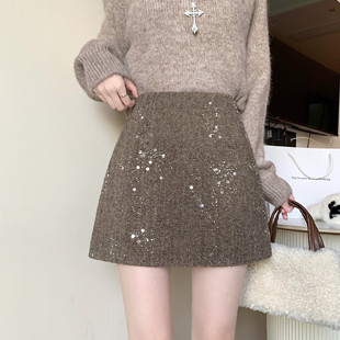 法式高级重工毛呢亮片半身裙女冬节日氛围感闪闪高腰显瘦A字短裙