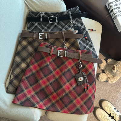 圣诞红加厚高腰A字格纹短裙