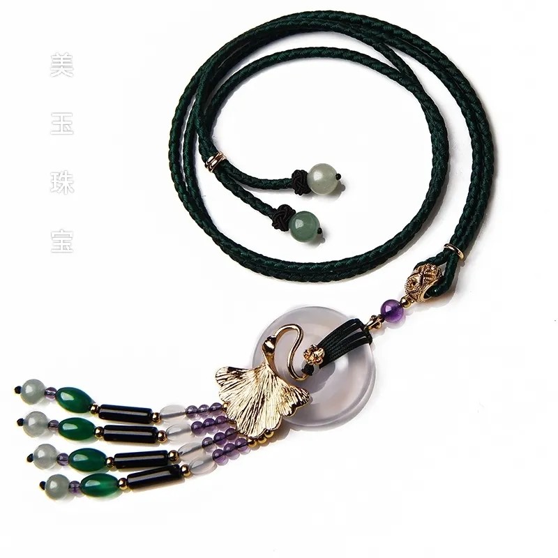 天然玛瑙平安扣毛衣链玛瑙玉髓项链长款流苏穗子项链可调节民族风