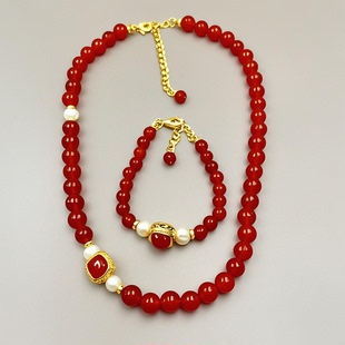 天然红玛瑙项链手串珠手链锁骨链珍珠手链精致金饰点缀国风古韵