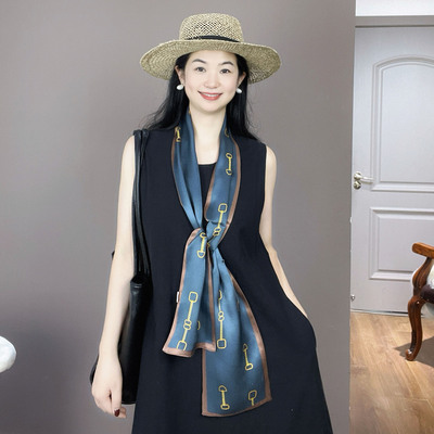 蓝色真丝丝巾女系脖高级感2025新款双面长条围巾100%桑蚕丝飘带