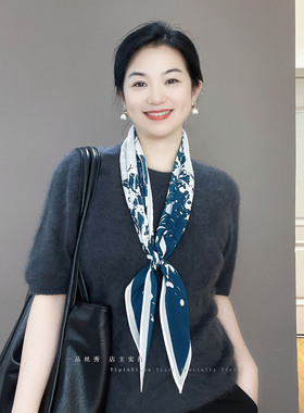 蓝白色水墨双绉真丝丝巾女三角巾100%桑蚕丝时尚系脖包头围巾披肩