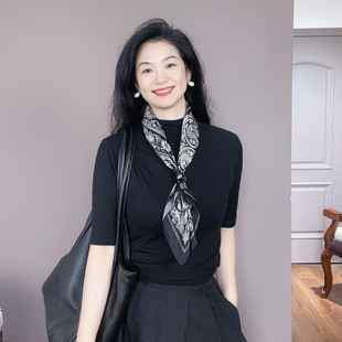 高档佩斯利腰果花纹！黑色真丝丝巾女高级感100%桑蚕丝65方巾领巾