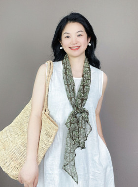 佩斯利腰果！绿色乔其纱长条真丝丝巾女100%%桑蚕丝薄款围巾纱巾