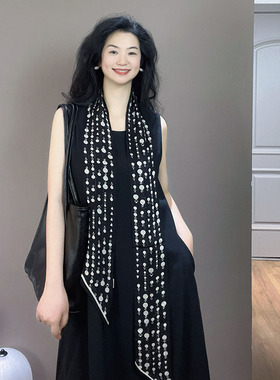 轻奢高级感！黑色长条桑蚕丝真丝丝巾女2026新款系脖高级感围巾