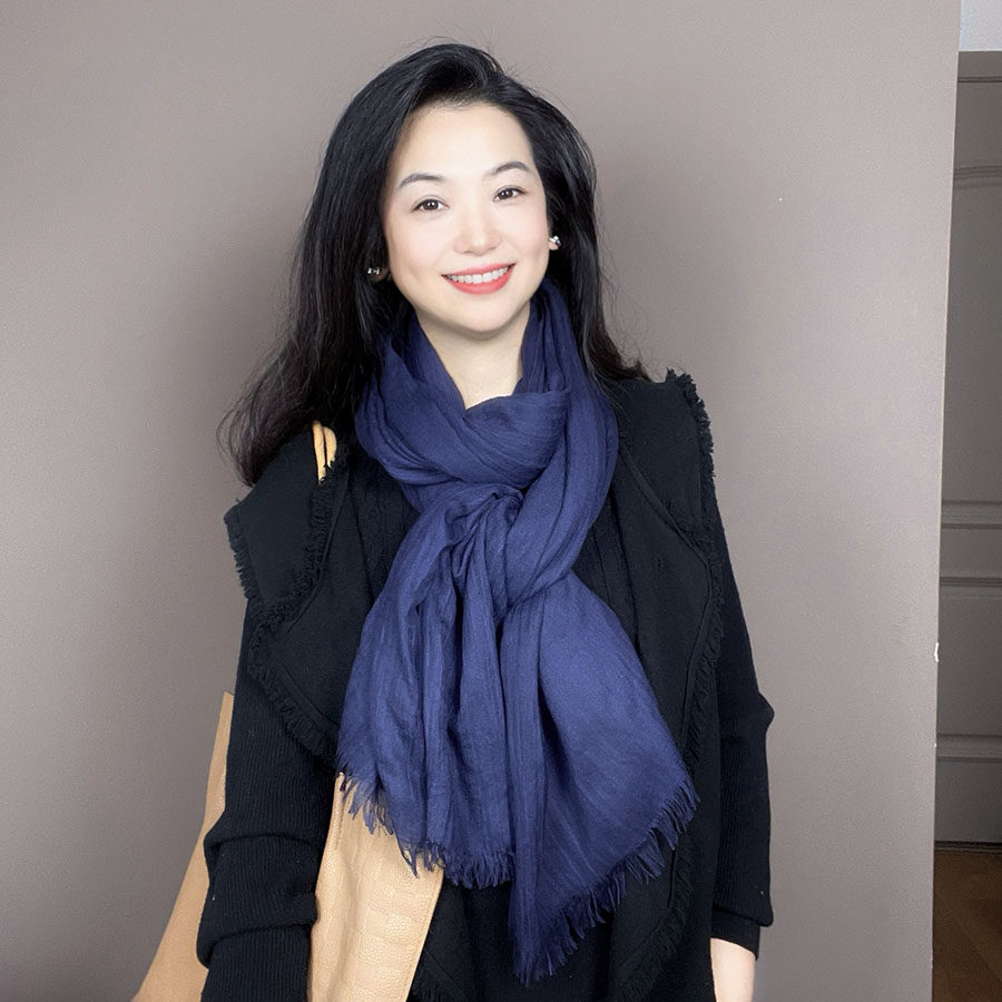 深蓝色棉麻围巾女春秋薄款纯色文艺长款冬季柔软保暖围脖披肩两用