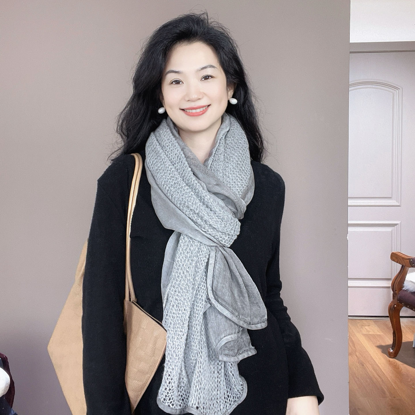 外贸原版!针织雪纺拼接围巾女冬季2025新款灰色保暖围脖披肩两用