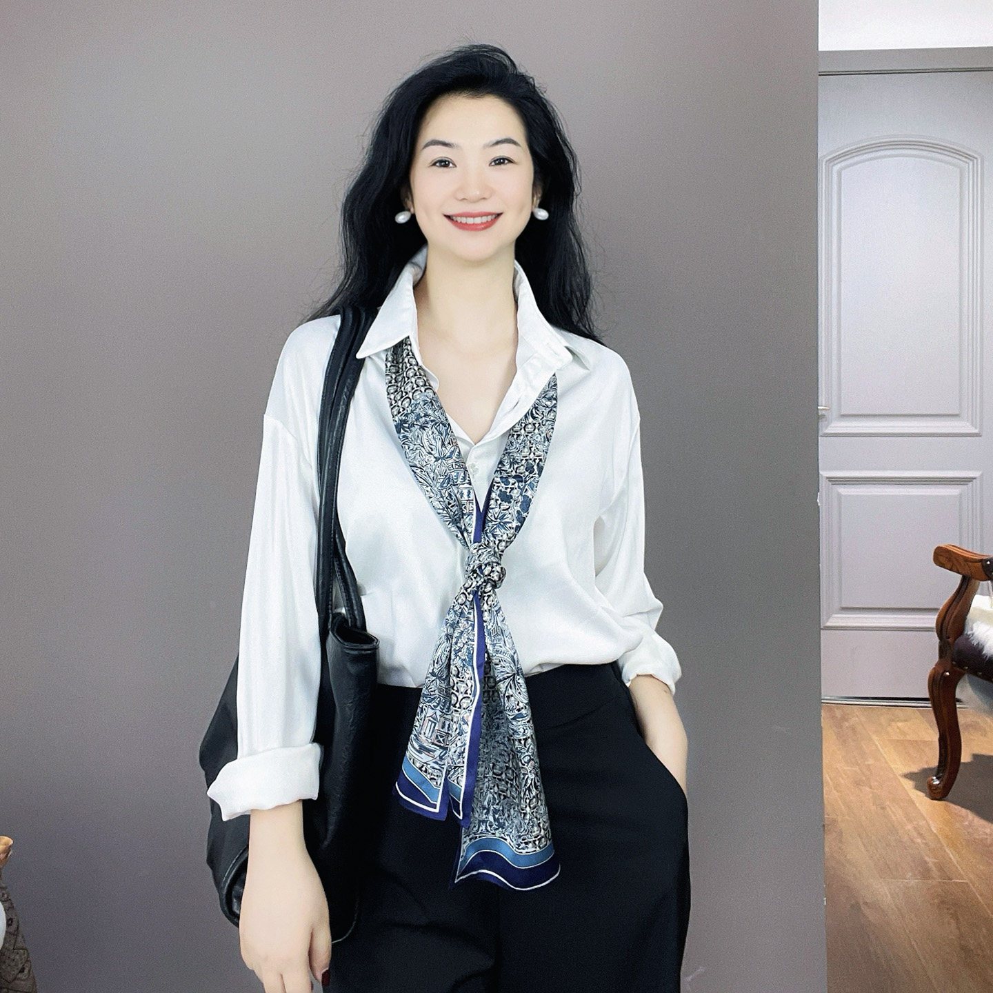 蓝色高端长条真丝丝巾女100%桑蚕丝气质双面百搭飘带领巾春秋围巾