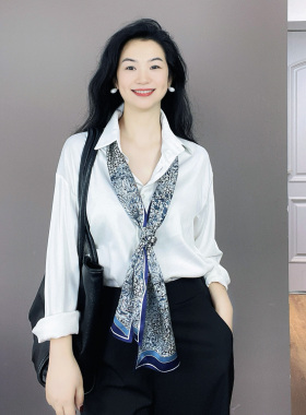 蓝色高端长条真丝丝巾女100%桑蚕丝气质双面百搭飘带领巾春秋围巾