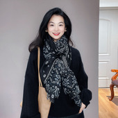 万年经典 原创复古黑色腰果花法式 优雅拼色印花百搭丝巾围巾披巾