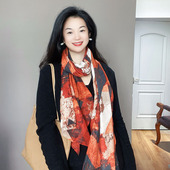 高级感 显白气质围脖披肩两用丝巾 枫叶红色棉麻围巾女士春秋薄款
