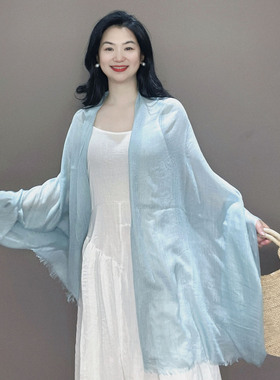 豆青色棉麻围巾防晒披肩外搭女2026新款夏季薄款配裙子纯色丝巾