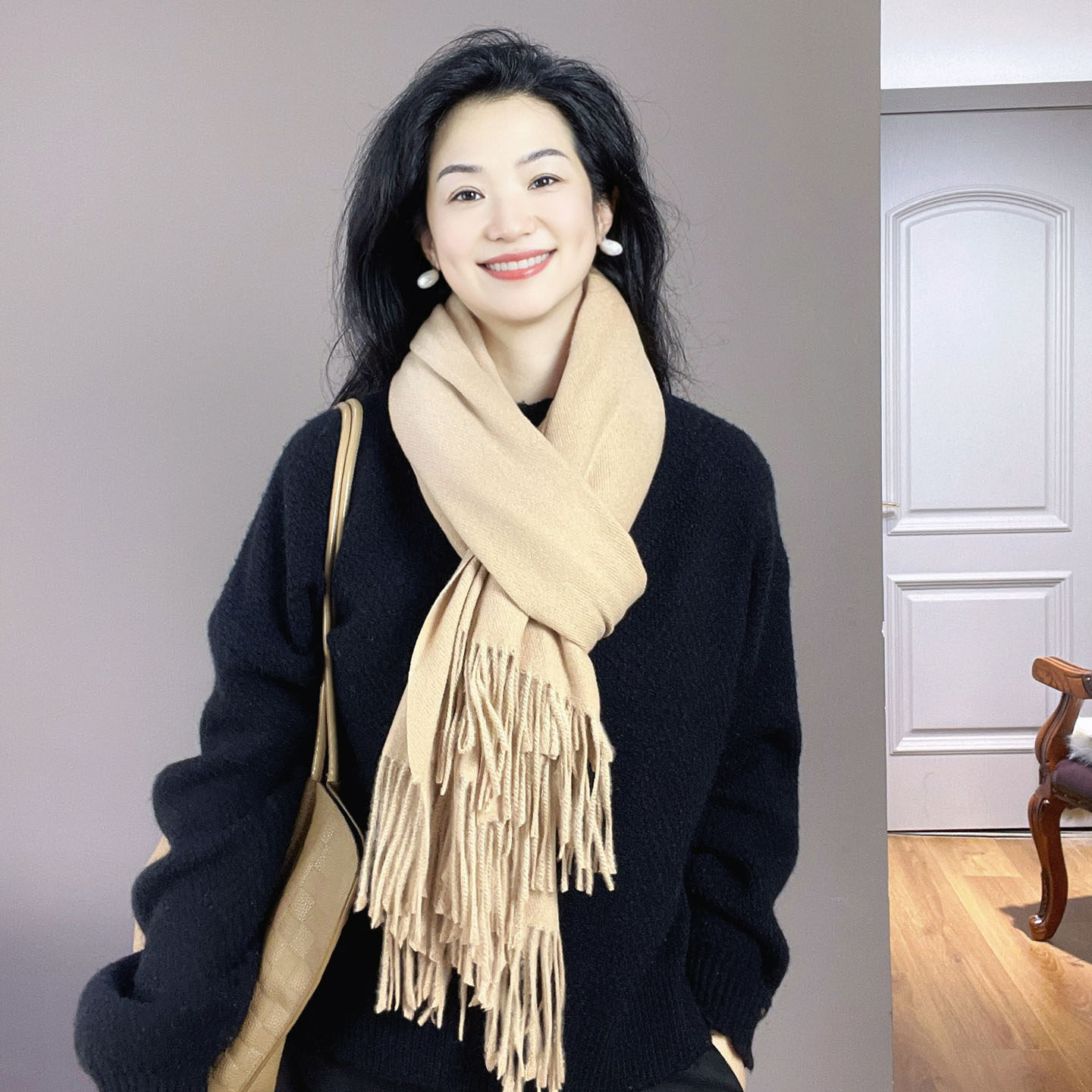 卡其色仿羊绒围巾女冬季加厚保暖纯色百搭洋气时尚高级感护颈围脖
