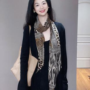 经典拼色豹纹丝巾女菱形长条时尚高级氛围感港风装饰春秋薄款纱巾
