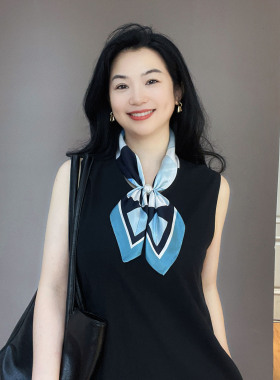项链珍珠磁吸扣蓝色真丝丝巾小丝巾女100%桑蚕丝职业衬衣护颈领巾
