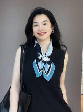 项链珍珠磁吸扣蓝色真丝丝巾小丝巾女桑蚕丝职业衬衣护颈领巾