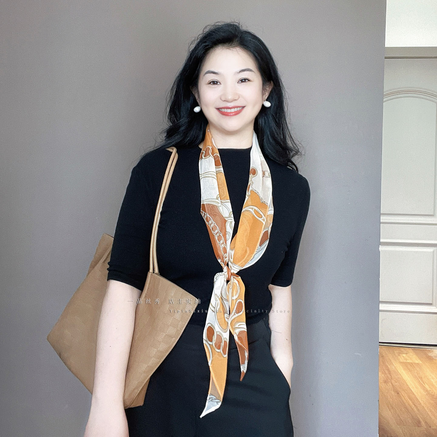 橙色乔其纱长条真丝丝巾女2026新款系脖100%桑蚕丝轻奢高级感纱巾
