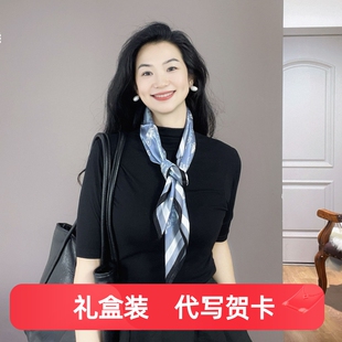 老钱风灰蓝色真丝丝巾女系脖高级感100%桑蚕丝双绉65方巾装饰领巾