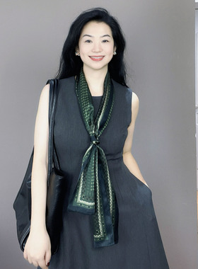 墨绿色双面长条真丝丝巾女2026新款桑蚕丝轻奢高雅装饰双层围巾