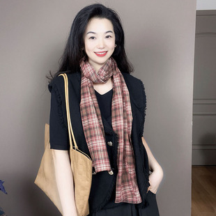 红色格子100%纯棉围巾女春秋冬季2024新款薄款日韩文艺护颈小围脖