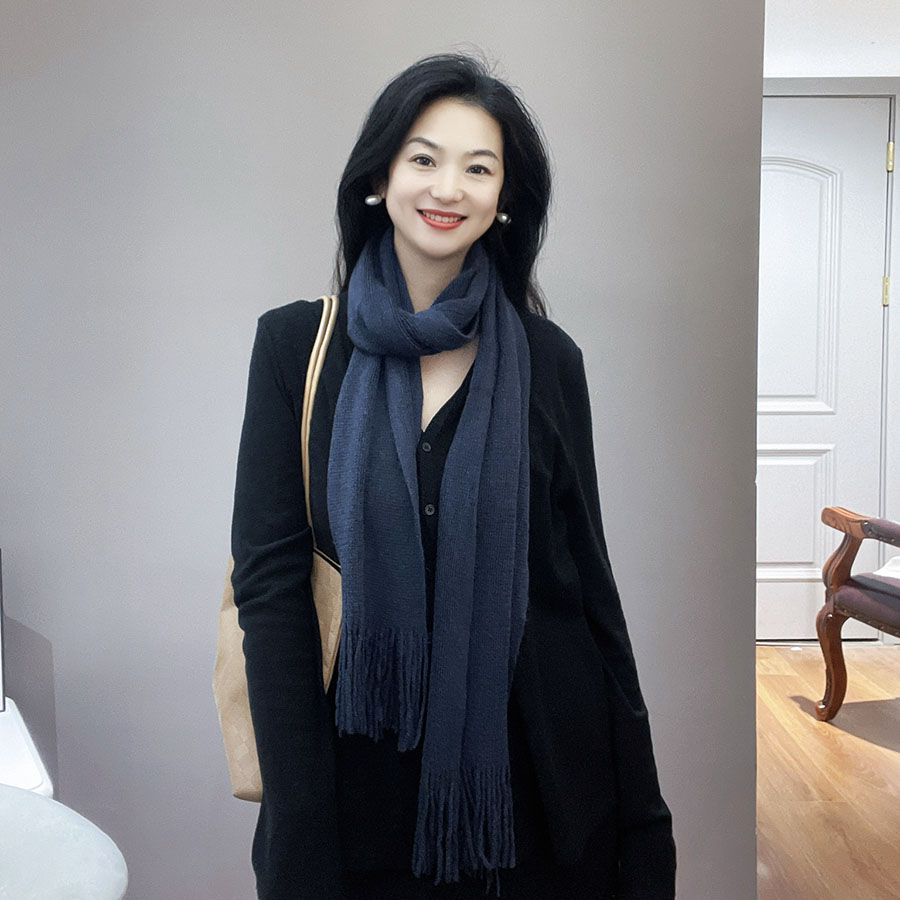经典！藏青色针织毛线围巾男女冬季2025新款纯色高级感保暖小围脖