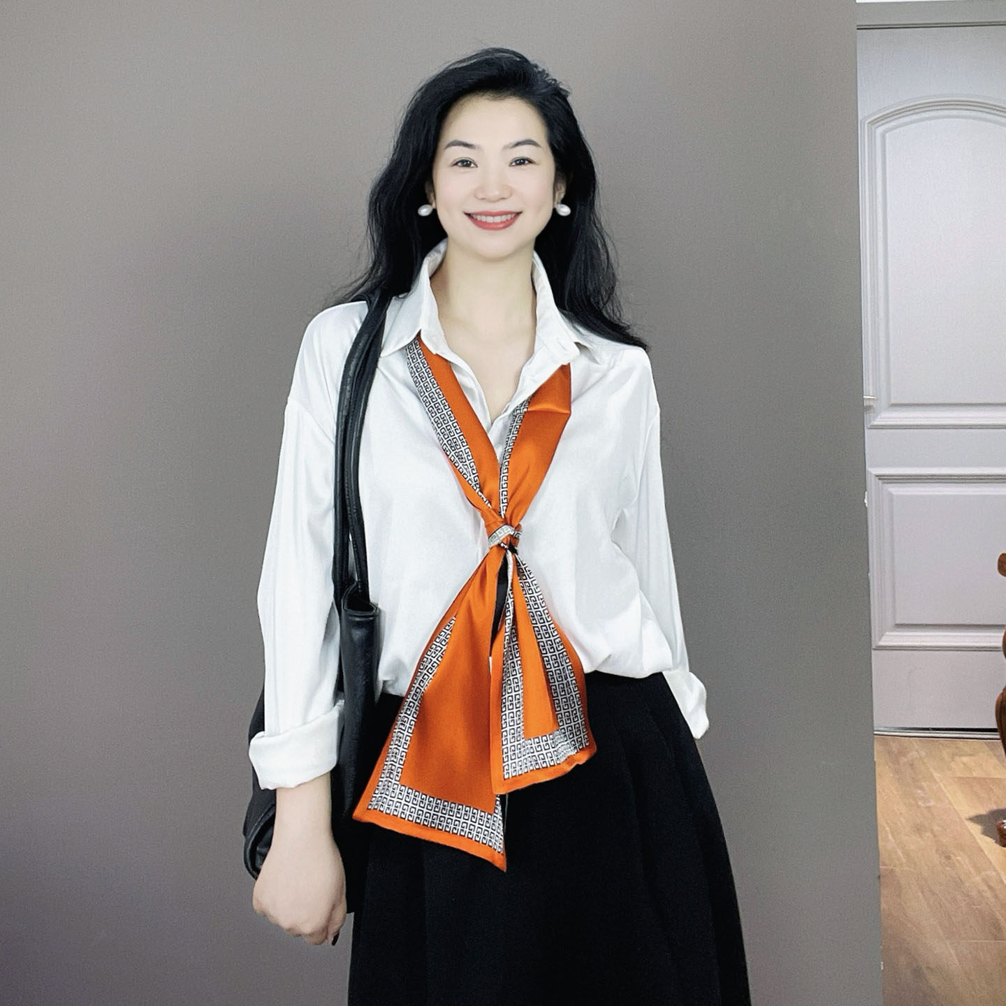 橘黑色双面长条真丝丝巾女轻奢高级感100%桑蚕丝多功能围巾飘带