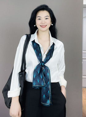 蓝黄色双面花纹100%真丝长条丝巾女桑蚕丝高级感护颈围巾飘带领巾