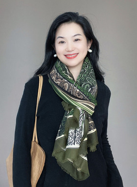 绿色腰果花棉麻围巾女冬季百搭长款春秋文艺时尚保暖围脖披肩两用