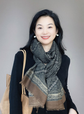 佩斯利腰果花灰色围巾女高级感春秋冬季高档保暖棉麻简约保暖围脖