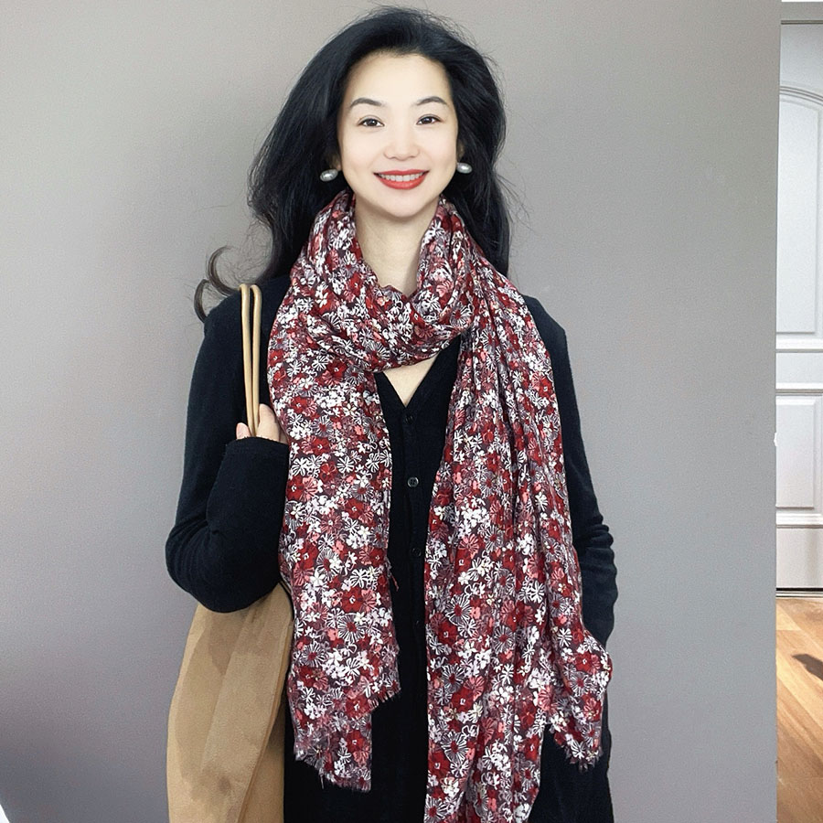 秋冬季百搭红色碎花图案棉麻围巾