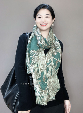 外贸围巾女士冬季2026高级感显白绿色春秋棉麻保暖围脖披肩两用