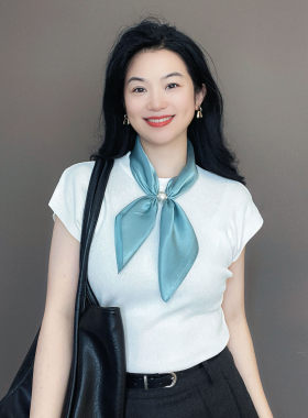 法式简约风！湖蓝色珍珠磁吸扣真丝丝巾女100%桑蚕丝护颈装饰领巾