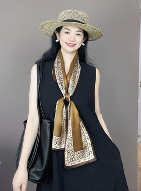 焦糖色长条真丝丝巾女2026新款春秋冬洋气时尚桑蚕丝飘带领巾围巾