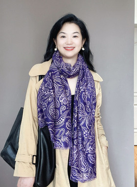 紫色腰果花烫金棉麻围巾女2026新款高级感春秋冬季保暖围脖披肩