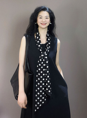 高档！黑色波点长条桑蚕丝真丝丝巾女2026新款系脖高级感长条飘带