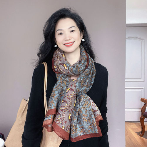 双色拼碎花腰果棉麻围巾女2025新款轻奢高级感护颈春秋冬保暖围脖