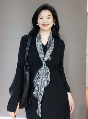 老钱风！黑灰色乔其纱100%桑蚕丝真丝丝巾女春秋薄款长条护颈围巾