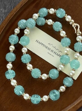 夏日晴空的蓝 原创手作稀有古法琉璃珠珍珠项链