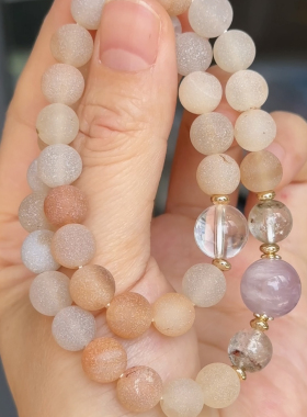 石头的日记  个性独特风化感原色玛瑙配幽灵水晶双圈手串