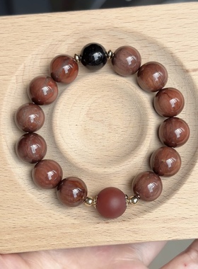 石头的日记 复古大颗天然石黑发晶红玛瑙手串