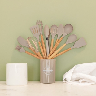 木柄硅胶厨具套装12件套烘焙工具收纳桶不粘锅铲厨房用具烹饪套装