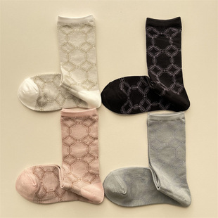 春夏日系复古几何图案袜子女ins潮树叶暗纹中筒袜薄款透气堆堆袜