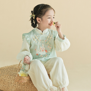 汉服女童中国风汉春秋款唐装小女孩春天古风衣服儿童古装裤子套装