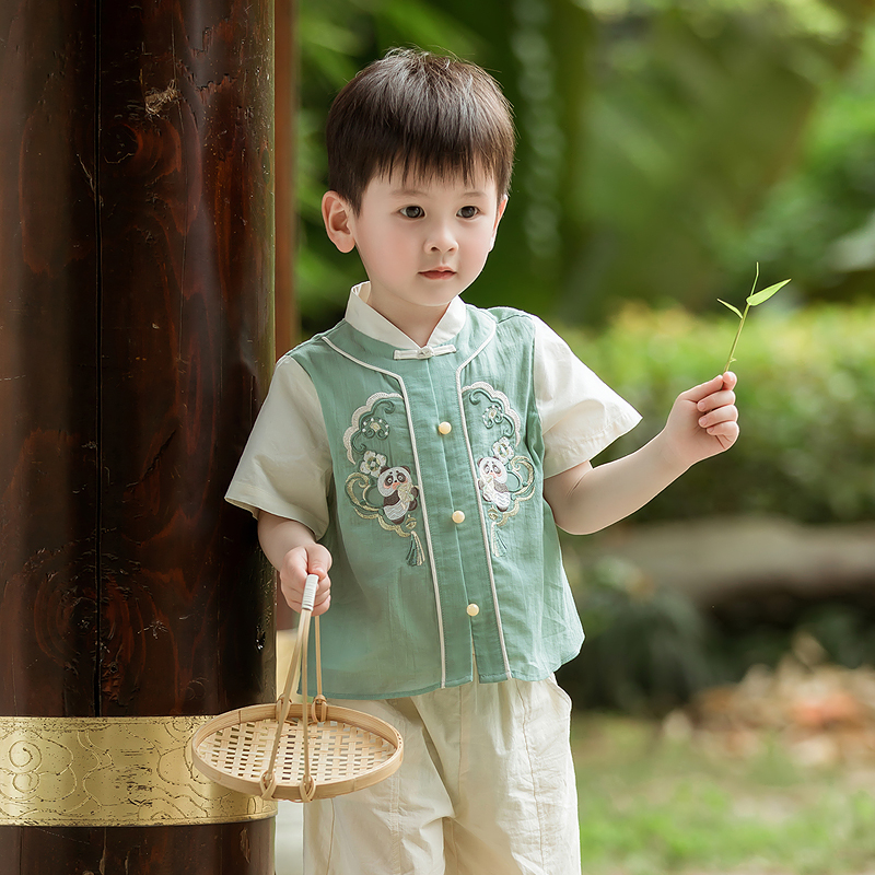 男童汉服套装夏季薄款短袖小男孩古装儿童唐装绿色古风中式衣服-封面