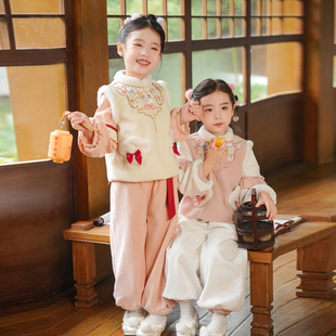 汉服女童秋冬2024新款唐装女孩中国风加绒套装宝宝冬季裤子拜年服
