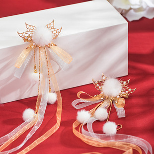 汉服女童冬款配饰古风毛球发饰宝宝国风百搭仙气头饰可爱流苏对夹