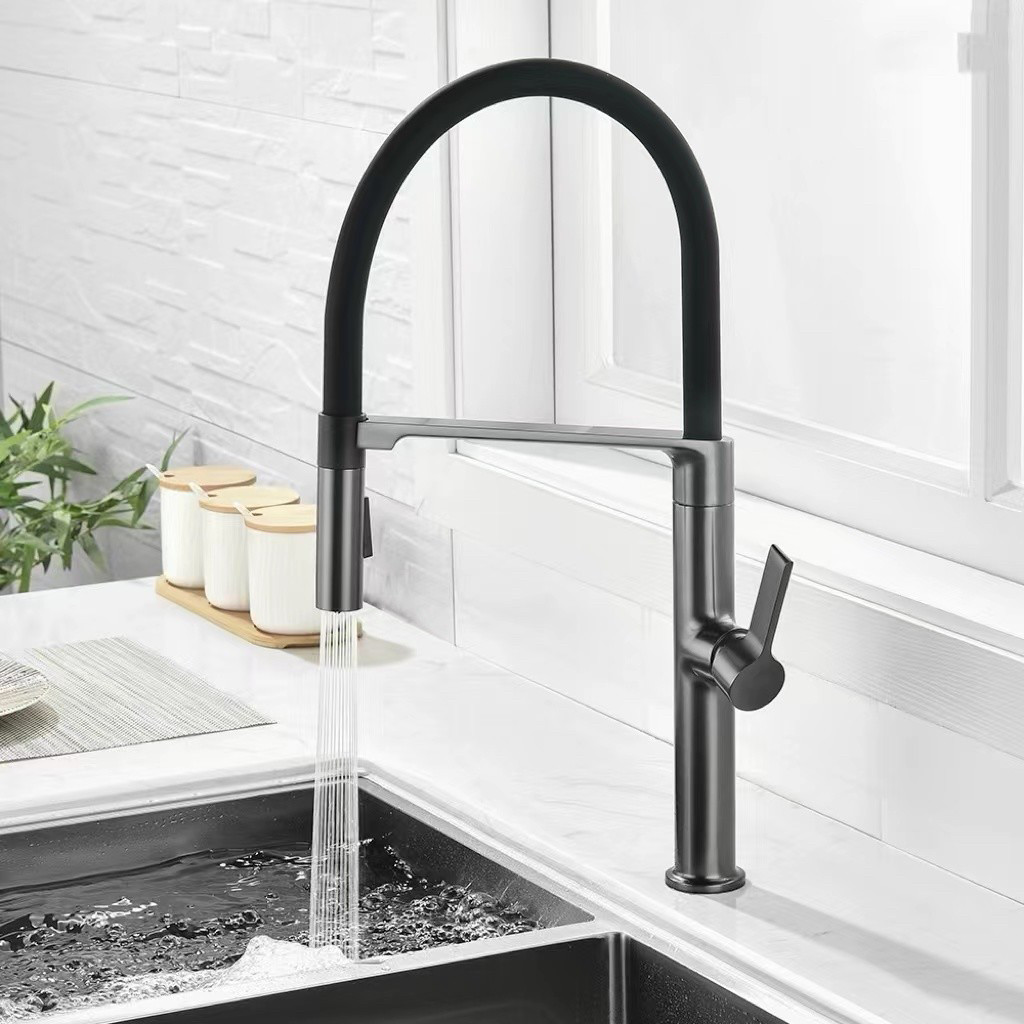 枪灰全铜抽拉式厨房水龙头冷热洗菜盆弹簧伸缩磁吸水槽龙头