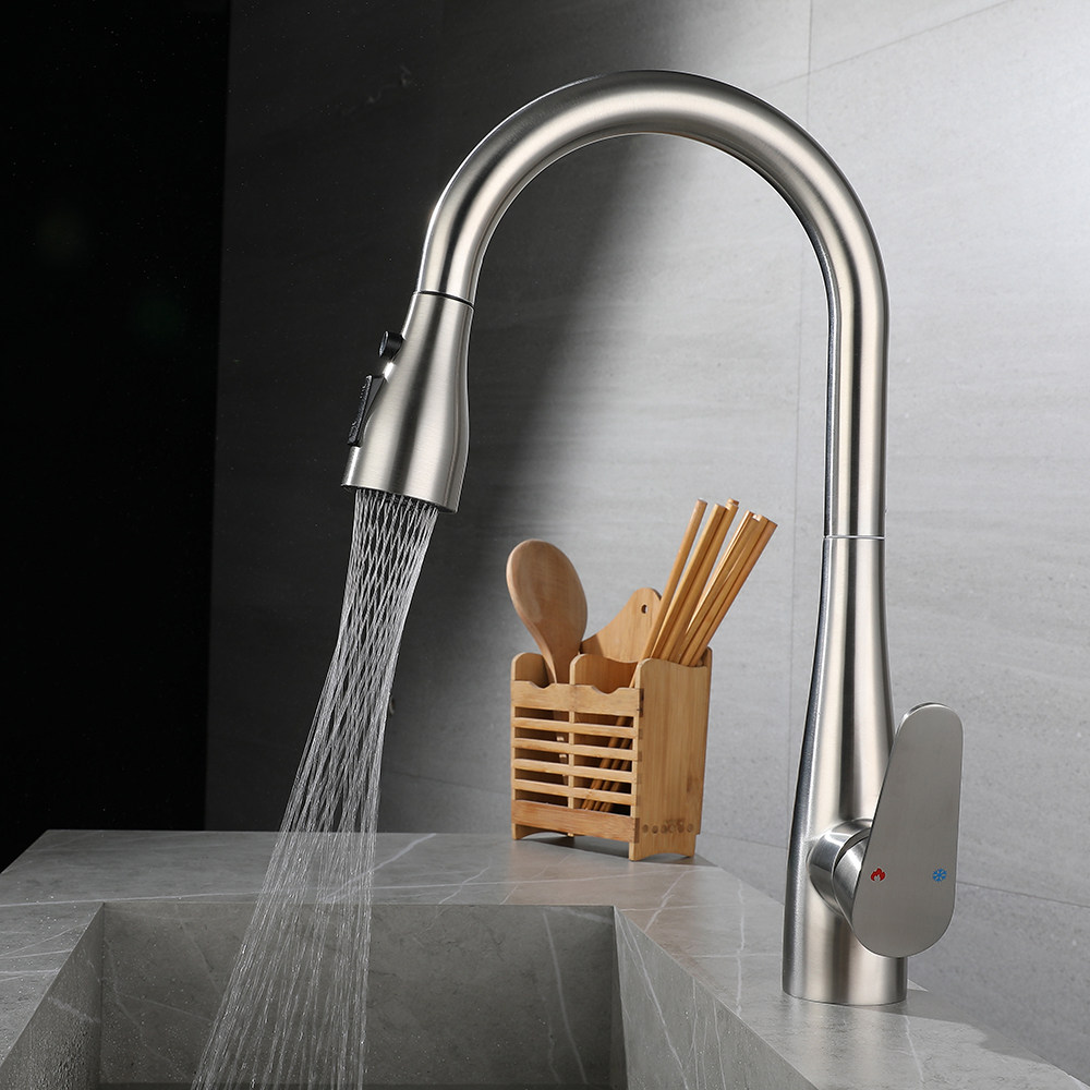 厨房不锈钢洗菜盆万向伸缩水龙头抽拉式用水龙头冷热水拉丝旋转