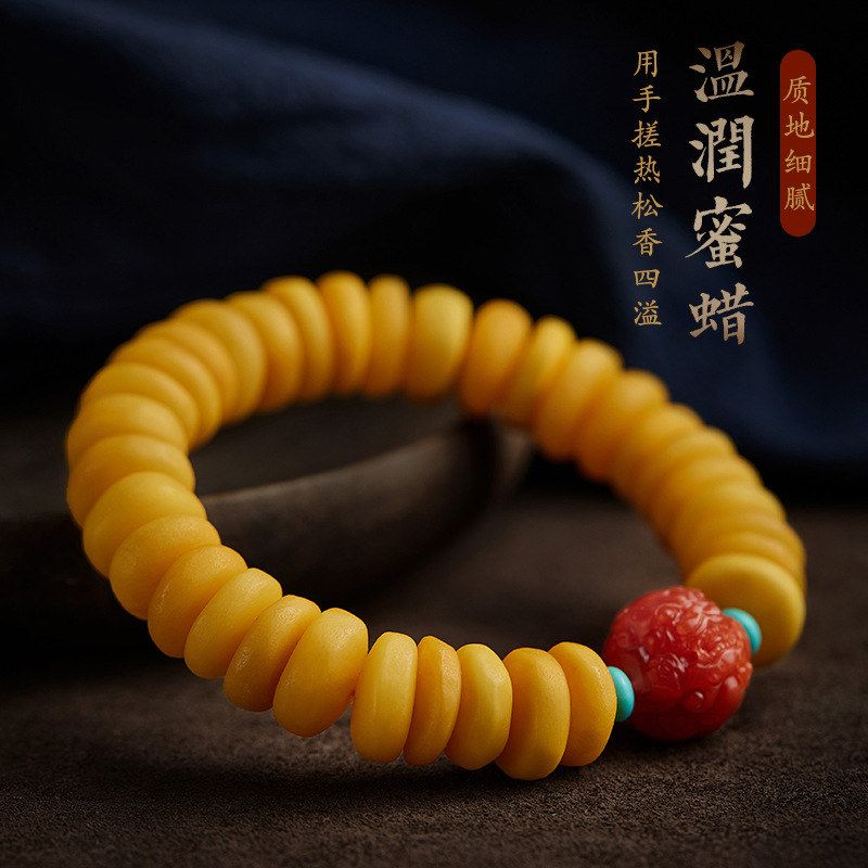 蜜蜡手串老蜜随形天然鸡油黄圆珠饼子民族风女款手链批发手链民族