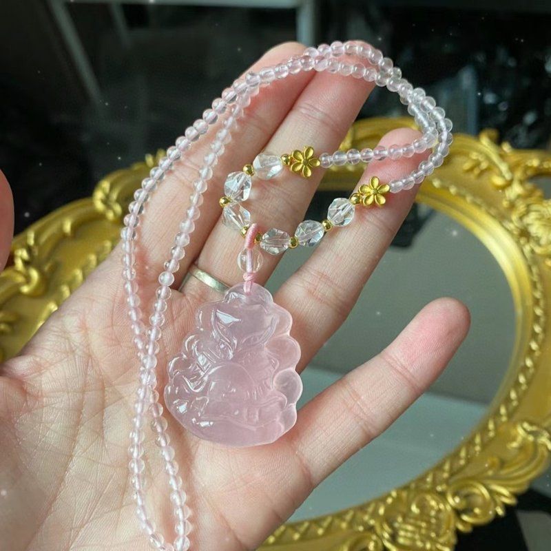 新款设计粉晶狐狸吊坠粉水晶项链